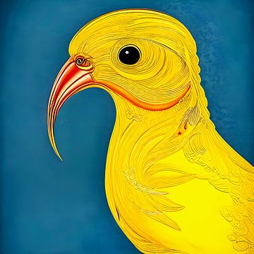 Illustration d'un oiseau jaune sur fond gris bleu turquoise - impression d'art décoratif sur Lily van Riemsdijk - Art Prints with Color