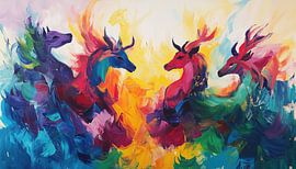 Buntes abstraktes Panorama mit Hirschen