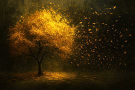 Falling leaves at golden tree