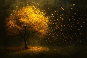 Falling leaves at golden tree by Art & Soul Creations