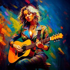 Farbenfrohes Gemälde einer Frau, die Gitarre spielt von STUDIO ARTSY