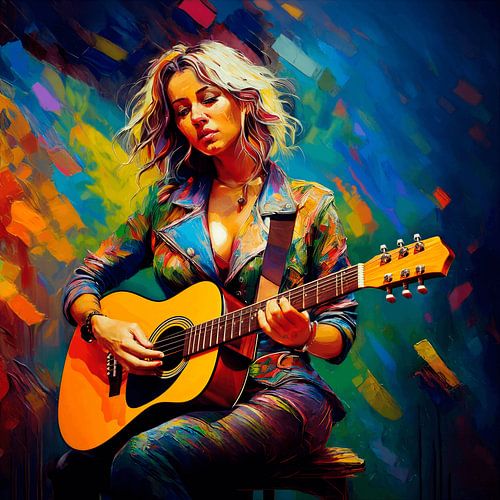 A colourful painting of a woman playing the guitar