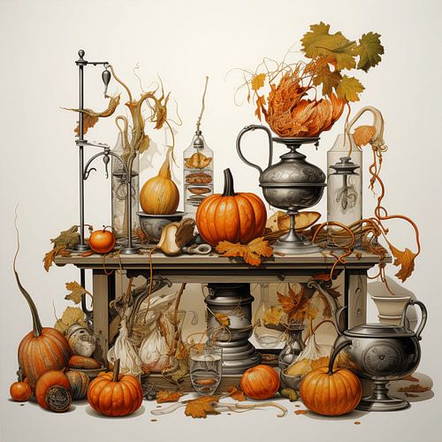 herfst stilleven plank pompoenen kannen glazen gele bladeren melancholisch