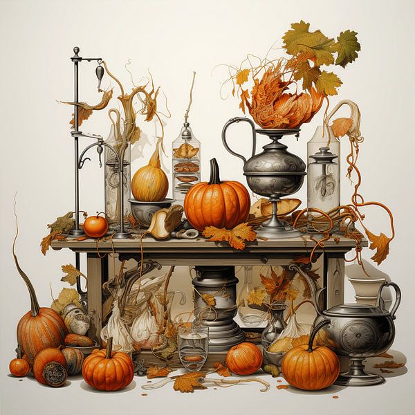 Herbst Stillleben Regal Kürbisse Kannen Gläser gelbe Blätter melancholisch von gm_designs