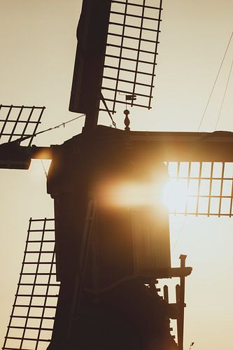 Sunlight breaks through the morning mist behind the windmill in the frozen polder landscape