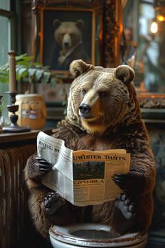 A bear as king with a newspaper in the bathroom by Felix Brönnimann