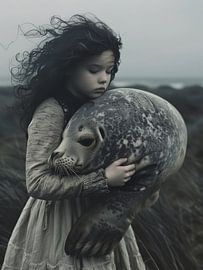 girl hugging an arctic seal by haroulita
