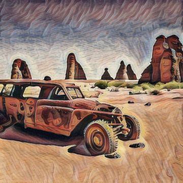 Une voiture accidentée dans le sable du désert sur Emiel de Lange