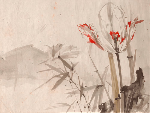 Zen Art. Minimalistische Blume zwischen Bambus in neutralen Farbtönen von Studio Pieternel