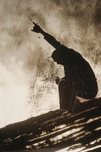 Schaduw van een persoon met opgeheven vingers