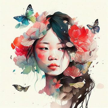 Watercolor Floral Asian Woman #8 by Chromatic Fusion Studio
