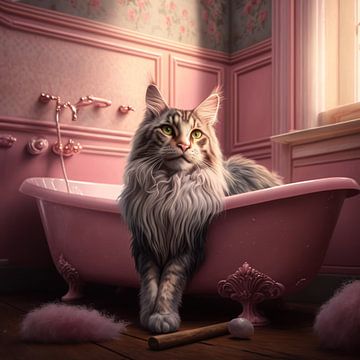 Beautiful Maine Coon cat in a pink bath by Natasja Haandrikman