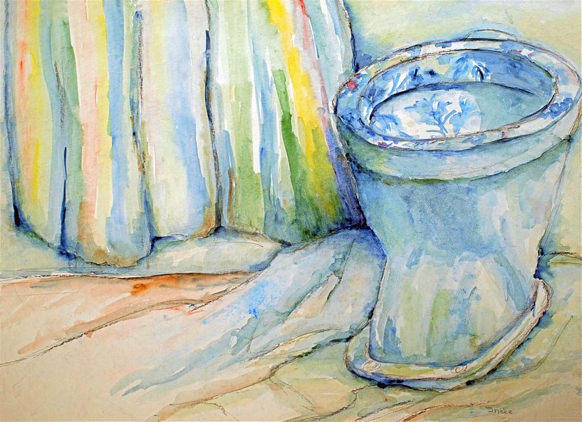 Die nostalgische blaue Toilettenschüssel. Handgemalte Aquarellfarbe. von Ineke de Rijk