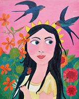 Kleurrijk Vrouwen Portret | Vrouw in tuin met Vogels Zwaluwen, Zinnia en Oost Indische Kers