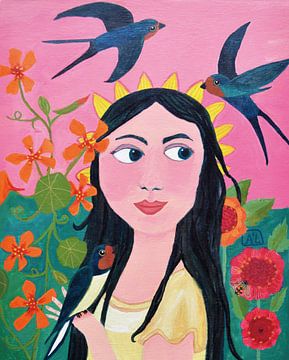 Kleurrijk Vrouwen Portret | Vrouw in tuin met Vogels Zwaluwen, Zinnia en Oost Indische Kers van Anita Letuve