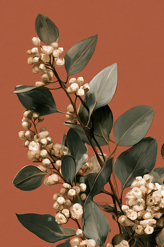 Green leaves on warm terracotta — composition 4