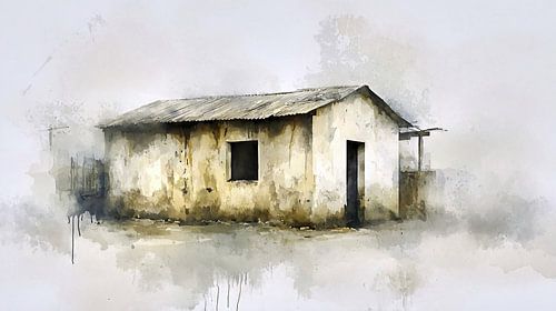 Bouwvallige hut in aquarel