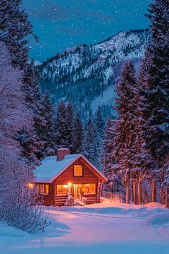 Winter hut nacht van Poster Art Shop