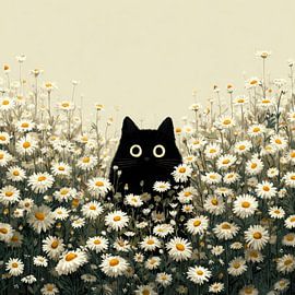 Schwarze Katze zwischen Gänseblümchen voller Frühlingszauber von Floral Abstractions