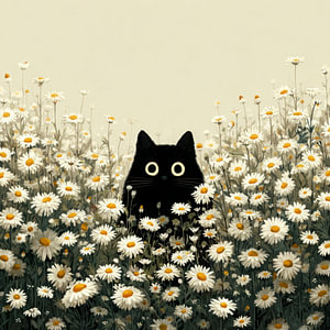 Schwarze Katze zwischen Gänseblümchen voller Frühlingszauber