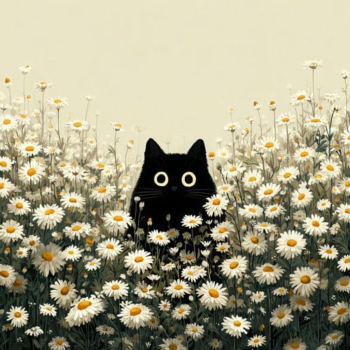 Un chat noir parmi les pâquerettes, dans une ambiance printanière enchanteresse
