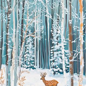 Verschneite Waldlandschaft mit Rehen von Wunderbare Kunst