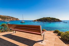 Idyllic view of the coast in Sant Elm with anchored yachts boats by Alex Winter