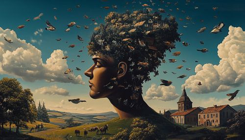 Man met boom hoofd surrealistisch surrealisme panorama