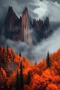 Mysterieuze bergen in de mist - Herfstkleuren van Poster Art Shop