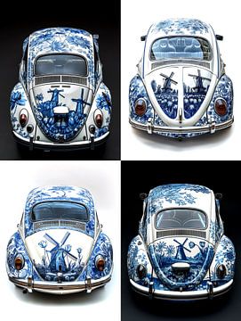 Collageansicht der Rückseite eines alten Volkswagen Kever mit Delfter Blau-Bildern