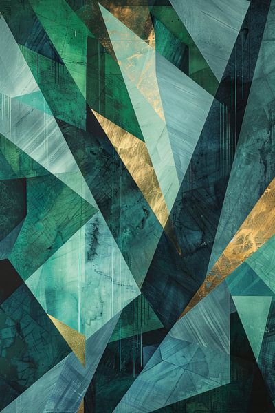 Elegante groene abstracte kunst met goud in harde vormen van Digitale Schilderijen