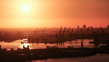 Rotterdamse haven by sunset van Ferry Krauweel