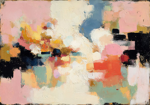 Abstract mural in pastel pink, cream and dark blue