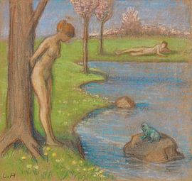 Ludwig von Hofmann - Paysage printanier avec un couple près de l'étang aux grenouilles, vers 1900 sur Atelier Liesjes