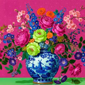 Nature morte classique Pop-Art : Bouquet de fleurs sur vase bleu Delft sur Studio Pieternel