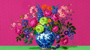 Nature morte classique Pop-Art : Bouquet de fleurs sur vase bleu Delft