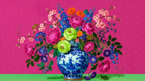 Klassisches Pop-Art-Stillleben: Blumenstrauß auf Delfter Blau Vase