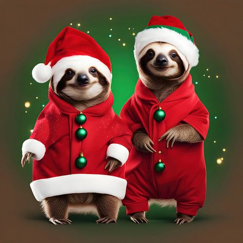 2 cute sloths in a Christmas costume