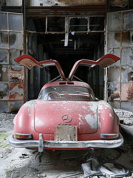 Mercedes Benz 300 SL rood achter in industriële hal van gm_designs