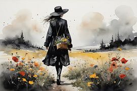 Frau in Schwarz zwischen Wildblumen