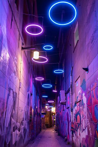 Colourful alley lit in purple in Groningen