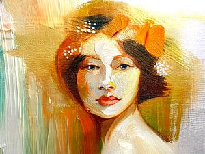 Abstraktes Gemälde: Frau in Gold, Orange und Braun.