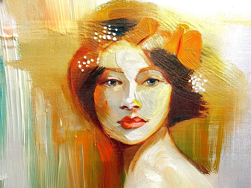 Abstract painting: Woman in Gold, Orange and Brown. by Studio Pieternel