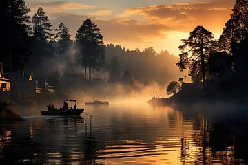 Lac Haroulita dans la brume avec des pêcheurs sur PixelPrestige