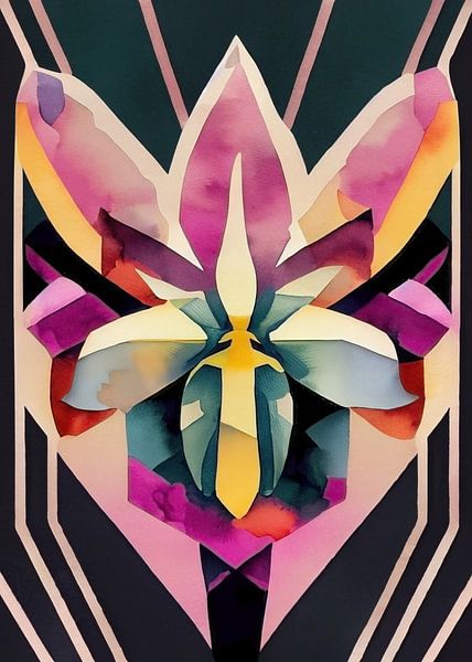 1920 Orchidee auf schwarz - Art Deco Aquarell von Wolfsee
