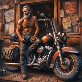 elderly man with his motorbike in front of a bar by Bernhard Karssies