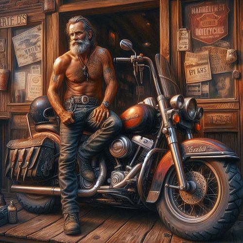 oudere man met zijn motor voor een bar