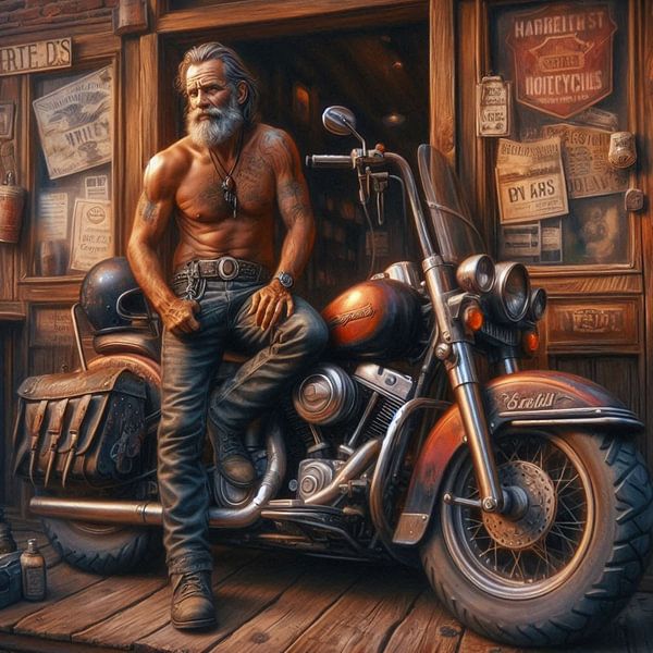 homme âgé avec sa moto devant un bar par Bernhard Karssies