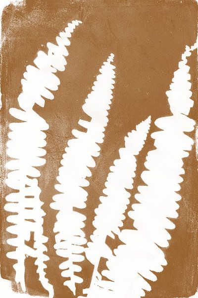 White fern leaves in retro style. Modern botanical minimalist art in white on rust brown. by Dina Dankers