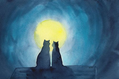 Deux chats et une pleine lune